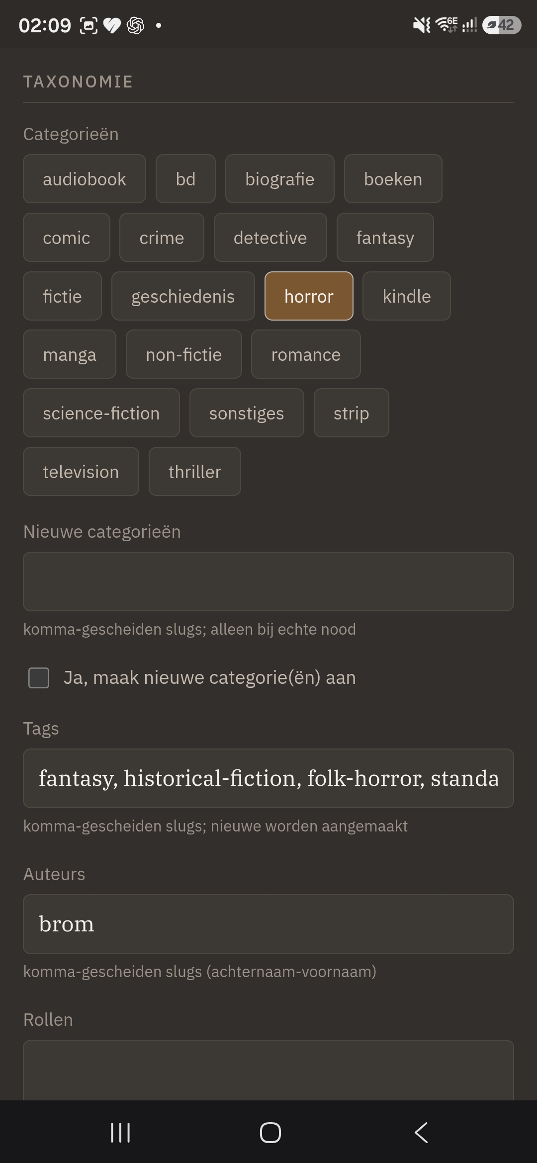 The taxonomy part of the same edit form: category toggle buttons with 'horror' selected, a 'nieuwe categorieën' field gated behind a confirmation checkbox, a Tags field, and an Auteurs field reading 'brom'.