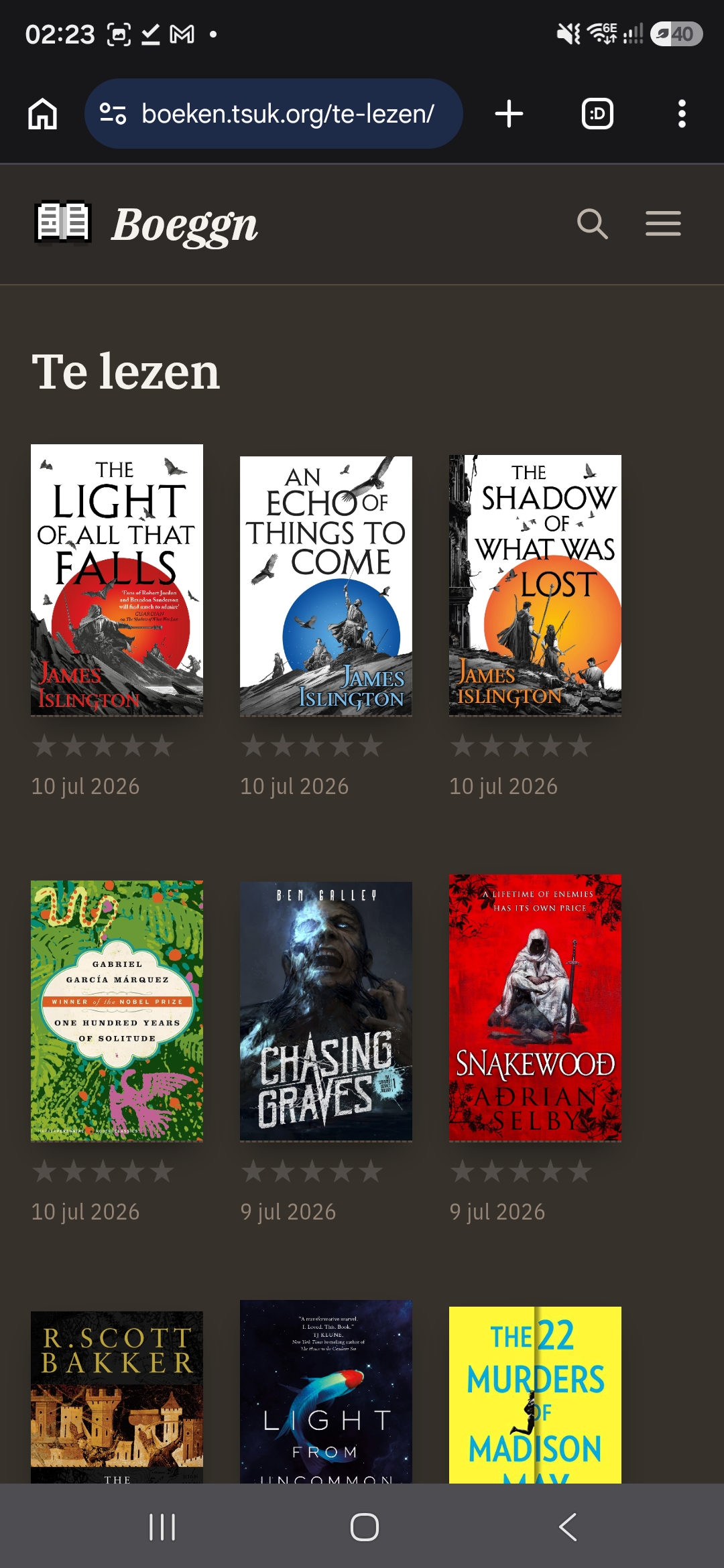 The published result on the live boeken.tsuk.org 'Te lezen' shelf in the browser: the three James Islington Licanius covers dated 10 jul 2026, alongside One Hundred Years of Solitude, Chasing Graves, Snakewood and more.