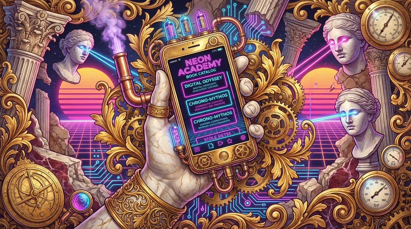 An ornate illustration of a marble hand holding a brass, gear-encrusted smartphone whose neon screen reads 'Neon Academy Book Catalog', surrounded by golden acanthus scrolls, classical statue heads with glowing laser eyes, pressure gauges and a vaporwave sunset grid.