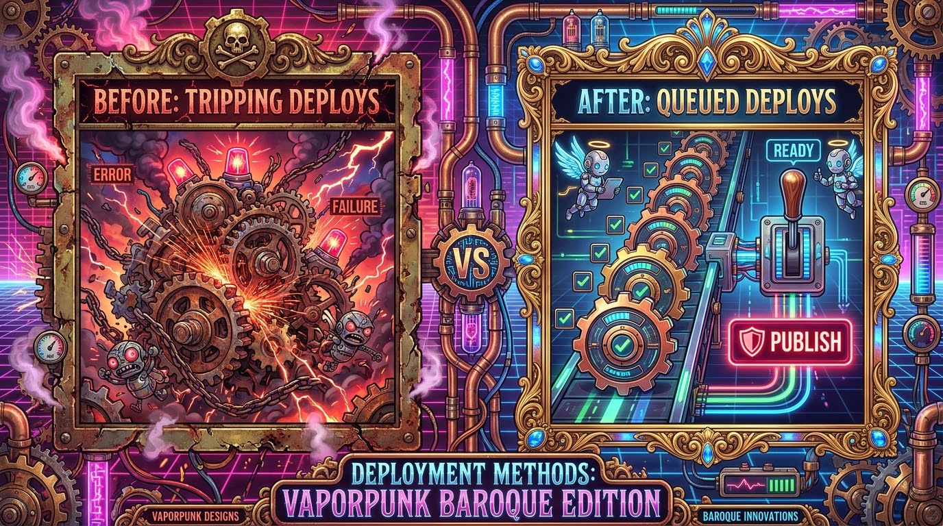 A two-panel vaporwave-baroque comparison titled 'Deployment Methods: Vaporpunk Baroque Edition'. Left, a corroded frame labelled 'Before: tripping deploys': exploding gears, chains, red sirens, smoke, and distressed robots amid 'Error' and 'Failure' signs. Right, a gilded frame labelled 'After: queued deploys': a tidy conveyor of gears with green checkmarks, angelic robots, a lever marked 'Ready' and a glowing red button labelled 'Publish'.