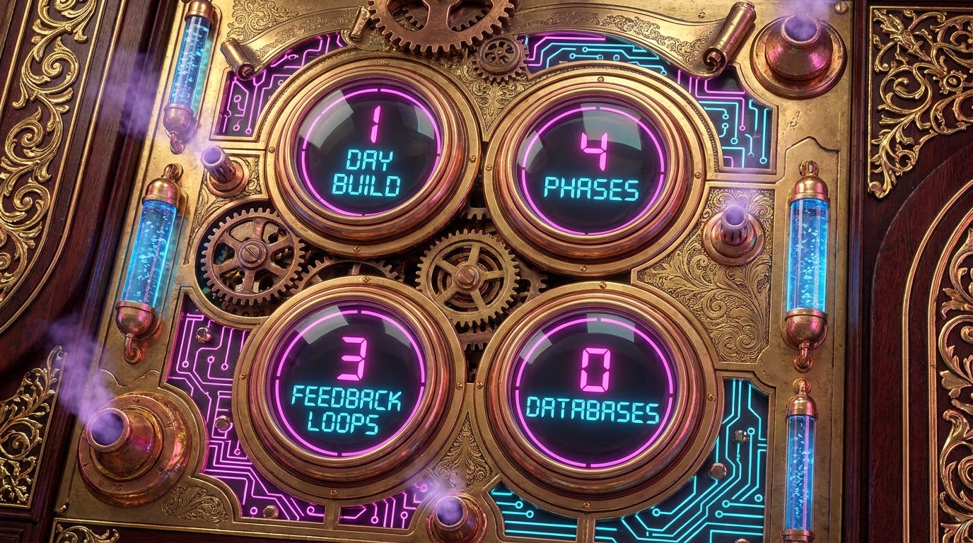 A close-up of a polished brass instrument panel with glowing circuit traces and four round neon gauges reading '1 day build', '4 phases', '3 feedback loops' and '0 databases'.