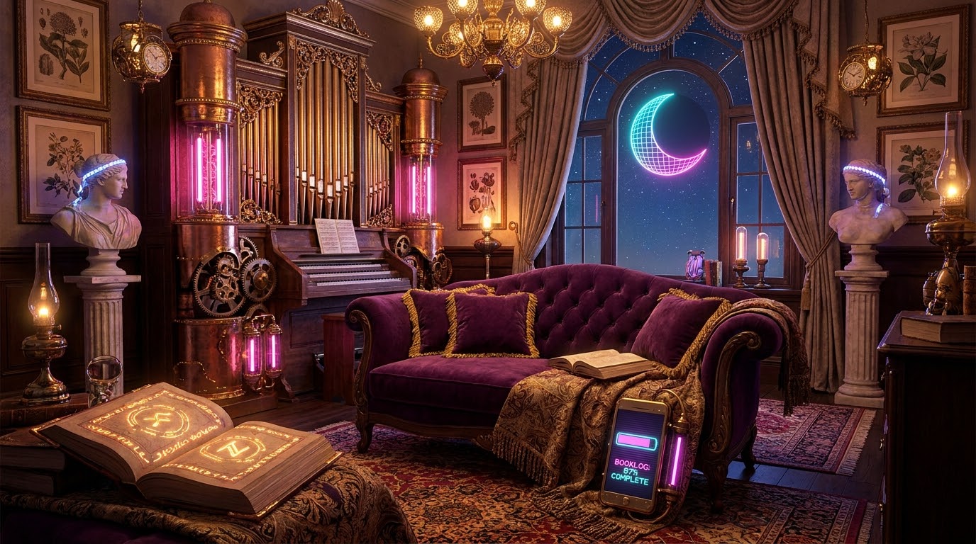 A photorealistic velvet-and-brass Victorian reading room at night: a tufted purple sofa with an open book, a steampunk pipe organ, marble busts with glowing diadems, botanical prints, and by the sofa a brass-mounted smartphone whose neon screen reads 'Booklog: 97% complete'; through the arched window, a neon wireframe crescent moon.
