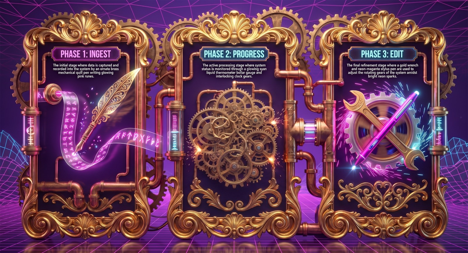 Three towering gilded baroque panels on a purple laser grid, labelled 'Phase 1: Ingest' (a brass quill writing glowing pink runes onto a ribbon of tape), 'Phase 2: Progress' (a mass of interlocking clockwork gears), and 'Phase 3: Edit' (a golden wrench crossed with a neon-magenta stylus amid sparks).