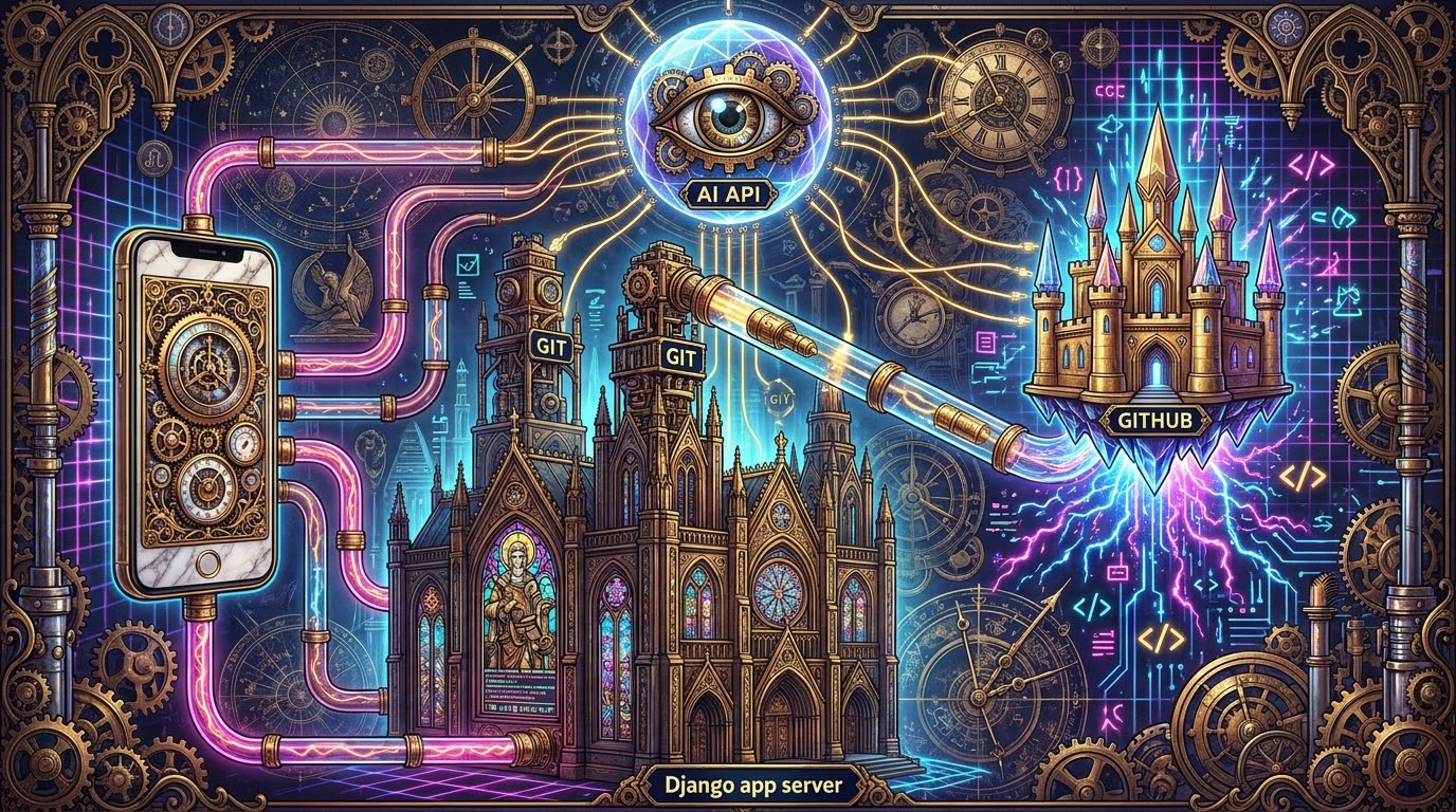 A steampunk architecture fantasy: a brass smartphone piped with pink neon tubes into a Gothic cathedral labelled 'Django app server' with stained-glass windows and twin towers labelled 'GIT', a telescope beaming toward a floating golden castle labelled 'GITHUB' on a lightning-wreathed island, and an all-seeing eye in an orb labelled 'AI API' above it all.
