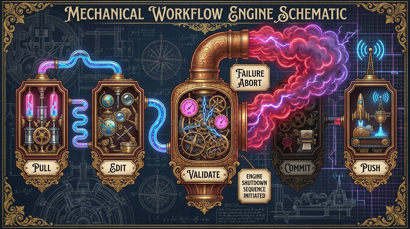 A parchment-and-brass 'Mechanical Workflow Engine Schematic' on blueprint paper: five ornate framed contraptions labelled Pull, Edit, Validate, Commit and Push, joined by glowing tubes; from the Validate vessel an eruption of red-and-purple lightning clouds carries signs reading 'Failure Abort' and 'Engine Shutdown Sequence Initiated'.