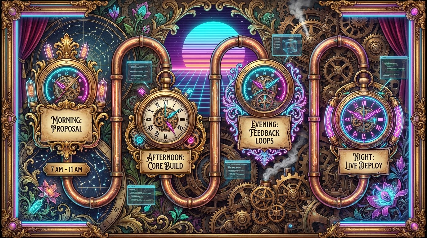 A gilded timeline of four elaborate clockwork timepieces connected by copper pipes against a vaporwave sunset, with scroll banners reading 'Morning: Proposal (7 AM – 11 AM)', 'Afternoon: Core Build', 'Evening: Feedback Loops' and 'Night: Live Deploy'.