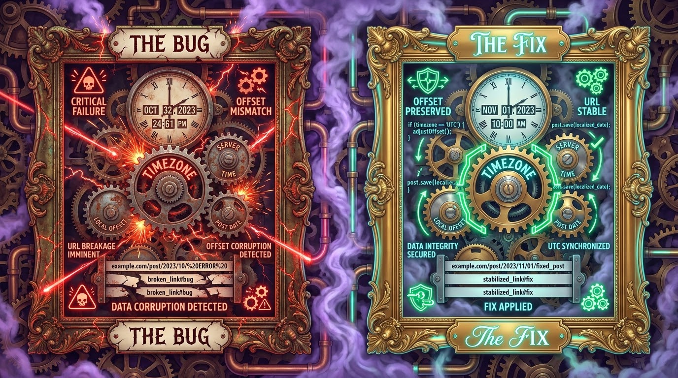 A two-panel steampunk allegory in purple smoke. Left, a rusted frame labelled 'The Bug': a cracked clock reading 'Oct 32, 2023 — 24:61 PM', red lightning, gears grinding, and signs reading 'Critical failure', 'Offset mismatch', 'URL breakage imminent' and 'Data corruption detected' above broken links. Right, a gleaming gold frame labelled 'The Fix': a calm clock reading 'Nov 01, 2023 — 10:00 AM', green glows, and signs reading 'Offset preserved', 'URL stable', 'Data integrity secured', 'UTC synchronized' and 'Fix applied' above stabilized links.