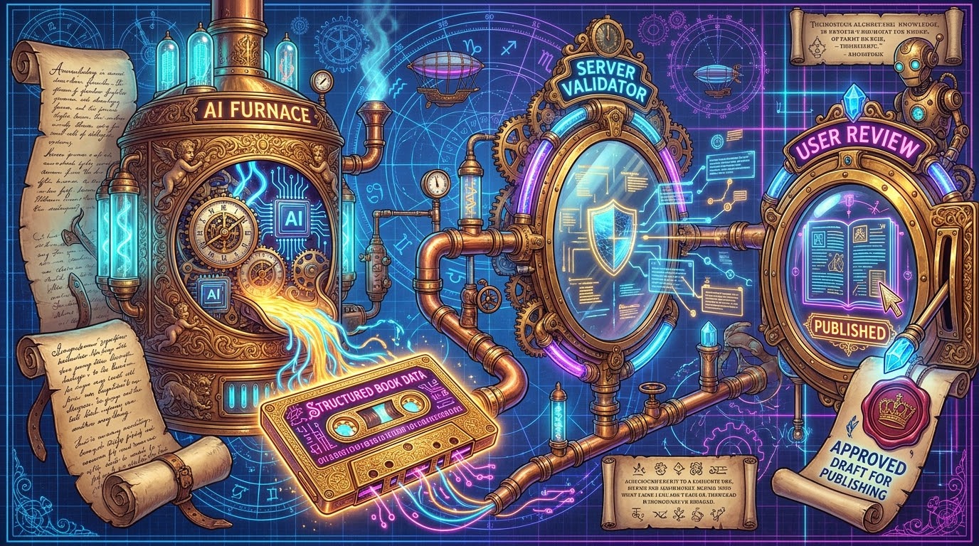 A blueprint-blue alchemical assembly line: handwritten scrolls feed an ornate boiler labelled 'AI Furnace' with glowing AI chips, which pours molten light onto a golden cassette labelled 'Structured Book Data'; pipes lead to a mirror labelled 'Server Validator' with a holographic shield, then to a porthole labelled 'User Review' showing a book stamped 'Published', beside a wax-sealed scroll reading 'Approved draft for publishing' and a small brass robot.