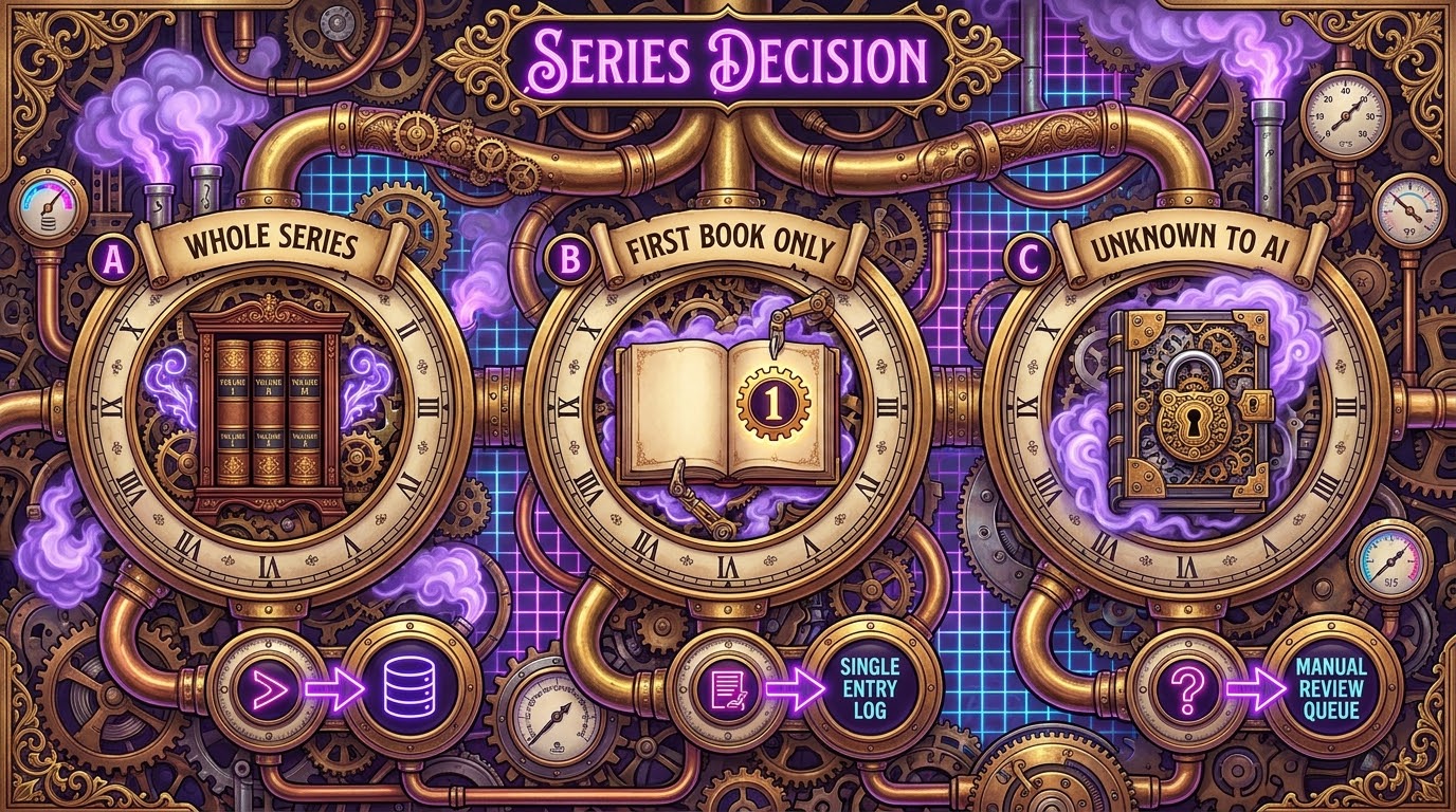 A baroque clockwork triptych titled 'Series Decision': three porthole dials wreathed in purple smoke, labelled A 'Whole series' (a shelf of matched volumes), B 'First book only' (an open book with a gear stamped 1), and C 'Unknown to AI' (a locked tome), with piping below leading to indicators reading 'Single entry log' and 'Manual review queue'.
