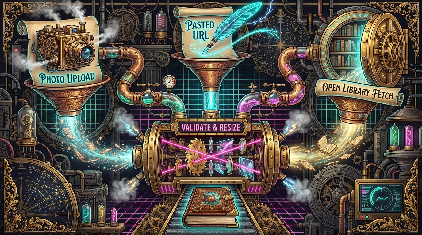 A steampunk factory scene on a neon grid: three funnels labelled 'Photo upload' (a brass camera), 'Pasted URL' (a glowing quill on parchment) and 'Open Library fetch' (a vault of books) pour their contents into a central riveted machine labelled 'Validate & Resize' shot through with pink laser beams, which outputs a single finished leather-bound book on a conveyor belt.