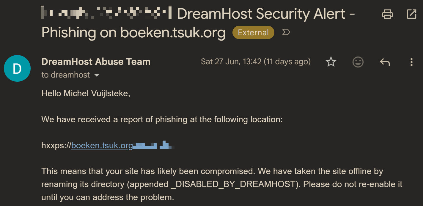 DreamHost's abuse notification email, redacted: the site has been disabled for suspected phishing, citing a file from 2018.