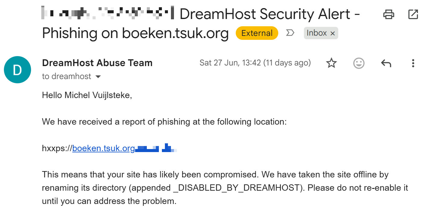 DreamHost's abuse notification email, redacted: the site has been disabled for suspected phishing, citing a file from 2018.