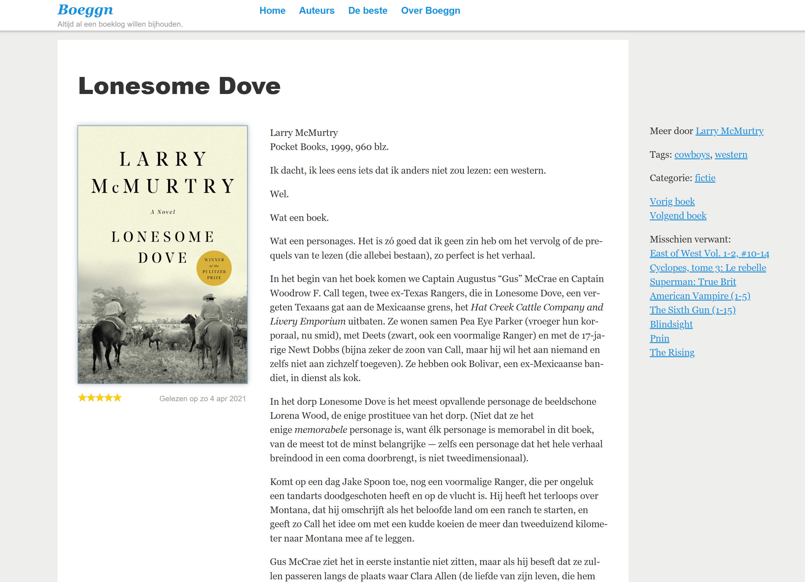 An old Boeggn book page: cover, rating, free-text publication line and review in the custom WordPress theme.