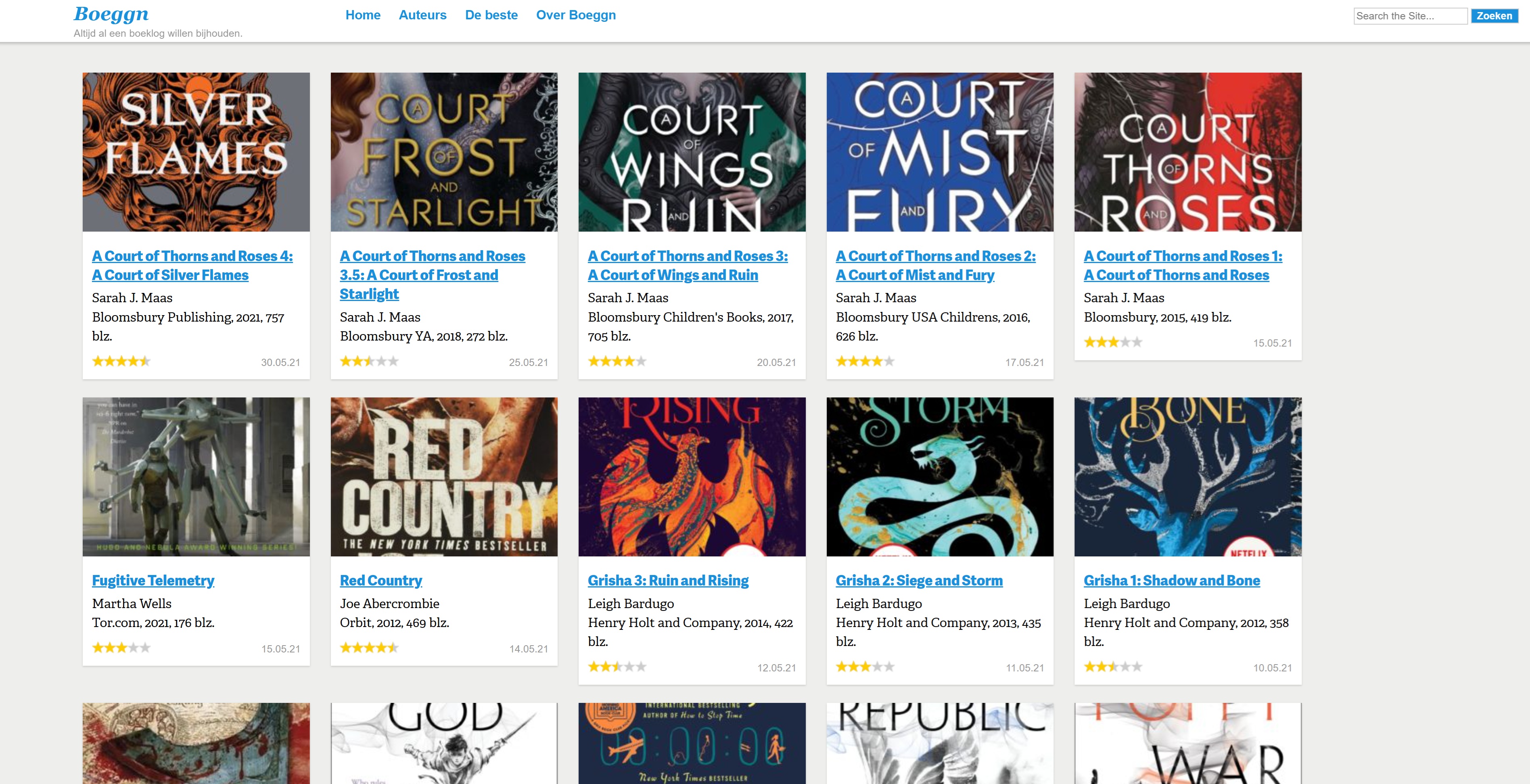The old Boeggn home page: a reverse-chronological list of book reviews in the custom WordPress theme.