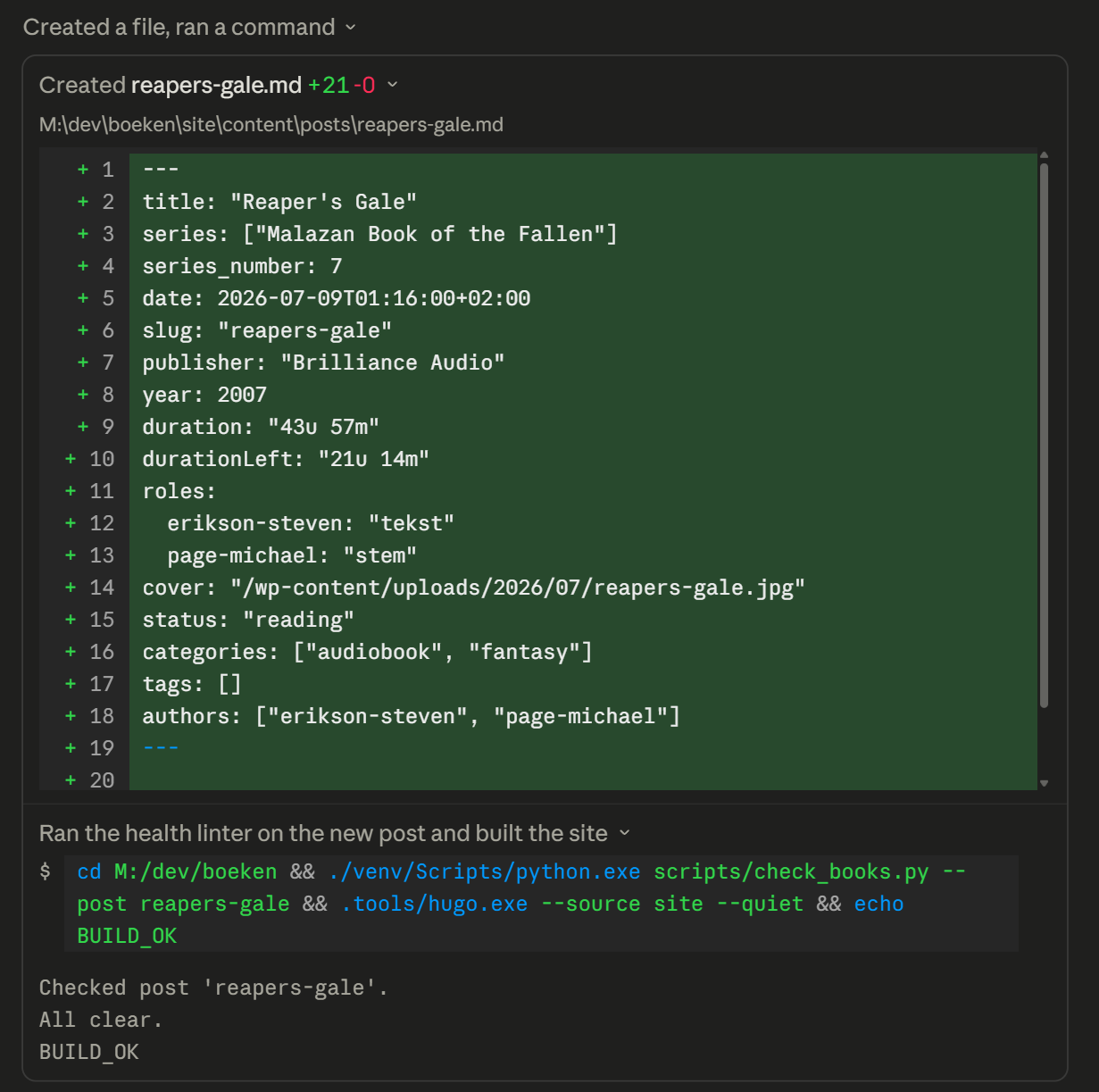 Chat transcript: the created reapers-gale.md with its full front matter as a 21-line diff, followed by the health linter and Hugo build both passing.