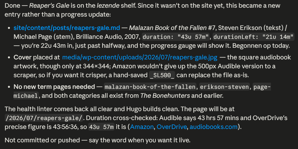 Chat transcript: the report — the new entry summarized, the cover placed with a caveat about its size, no new term pages needed, linter clear, build clean, not committed or pushed.