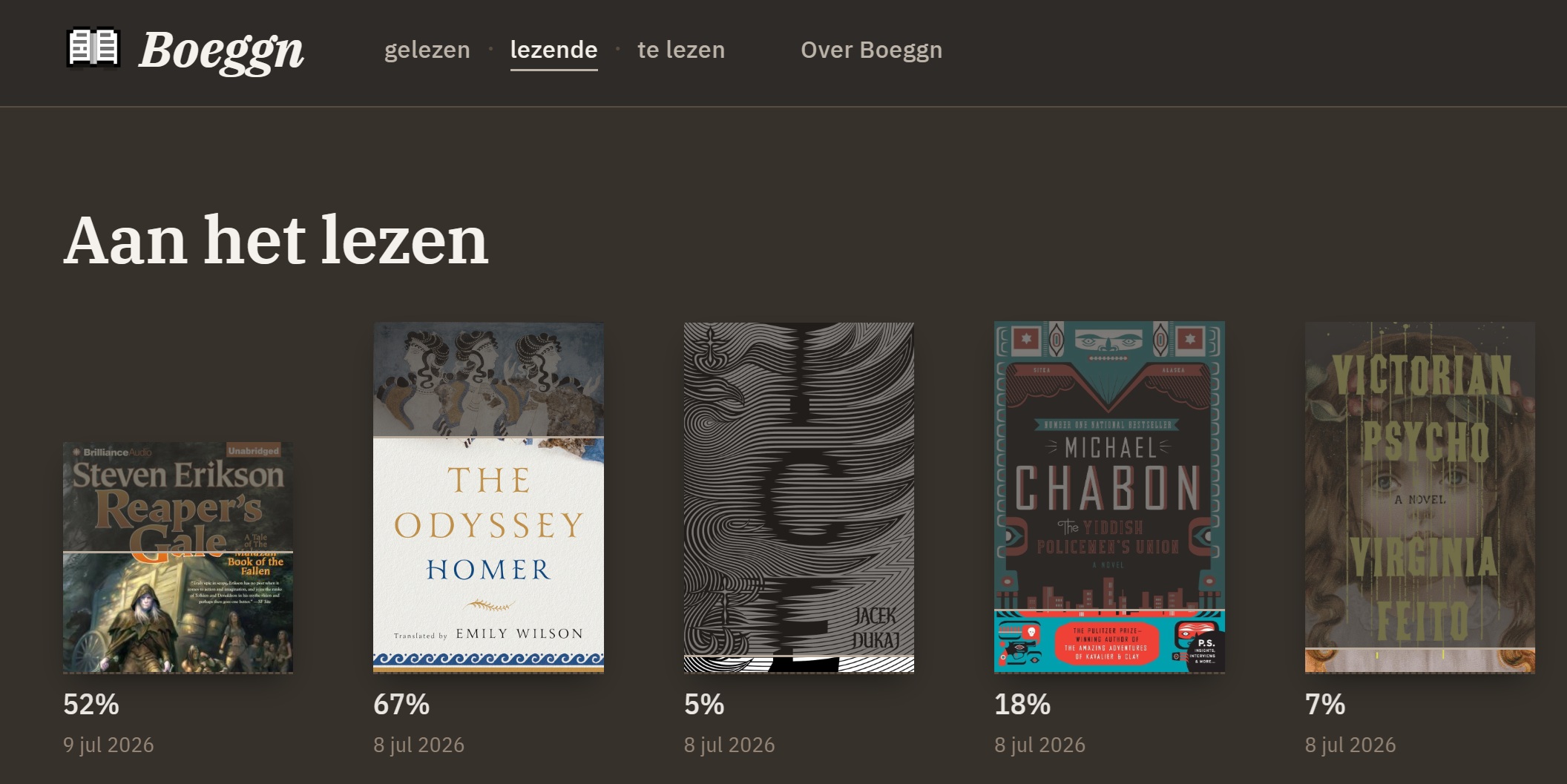 The Boeggn 'Aan het lezen' shelf: Reaper's Gale first at 52%, alongside The Odyssey, Ice, The Yiddish Policemen's Union and Victorian Psycho.
