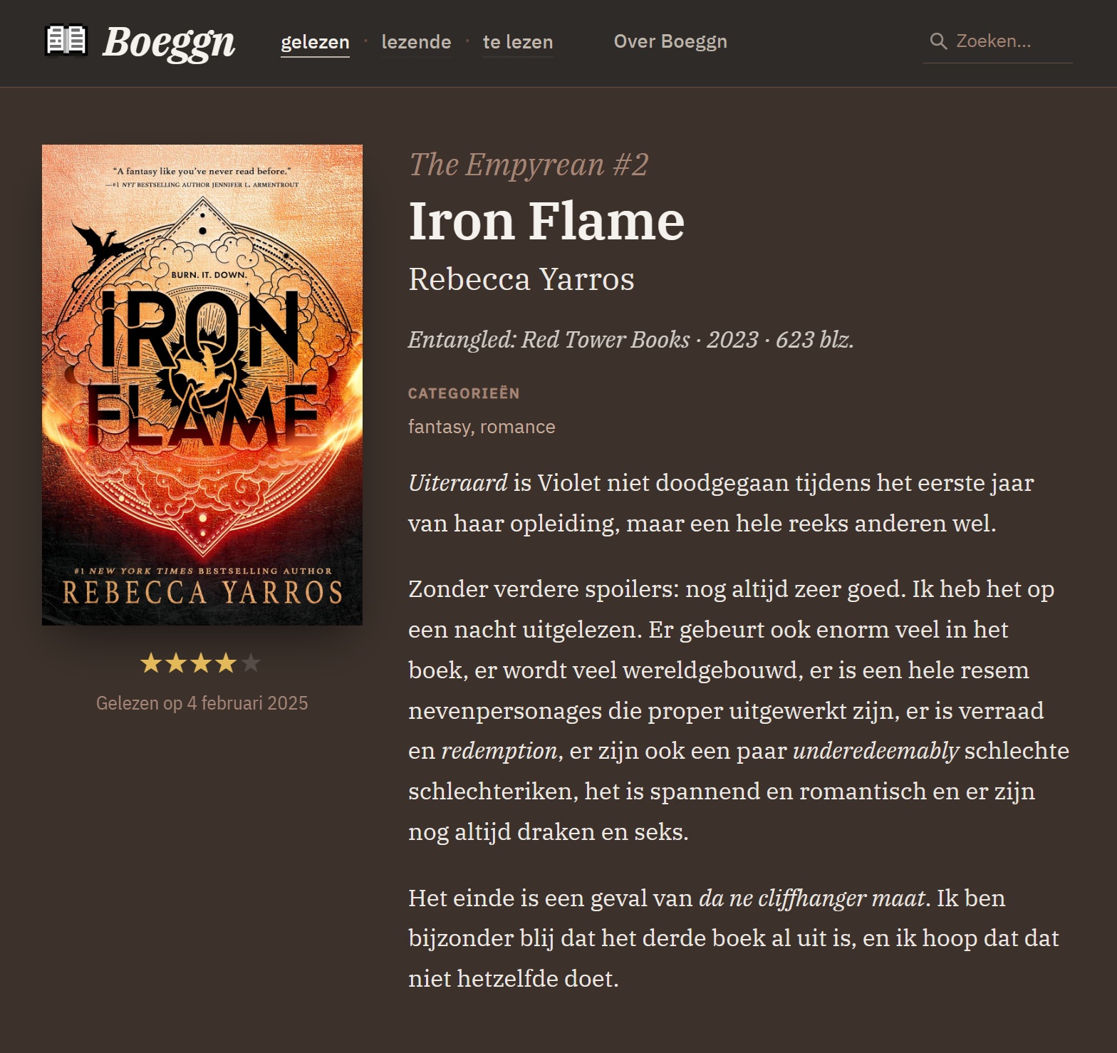 Iron Flame's book page, its chrome tinted warm copper by the fiery cover.