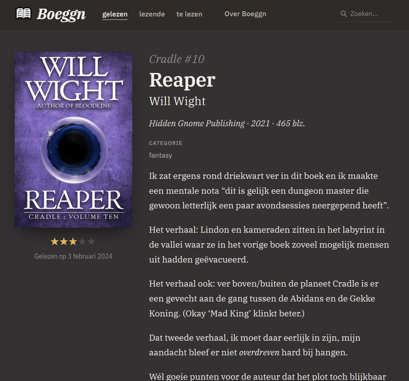 Reaper's book page, its chrome tinted violet by the purple cover.