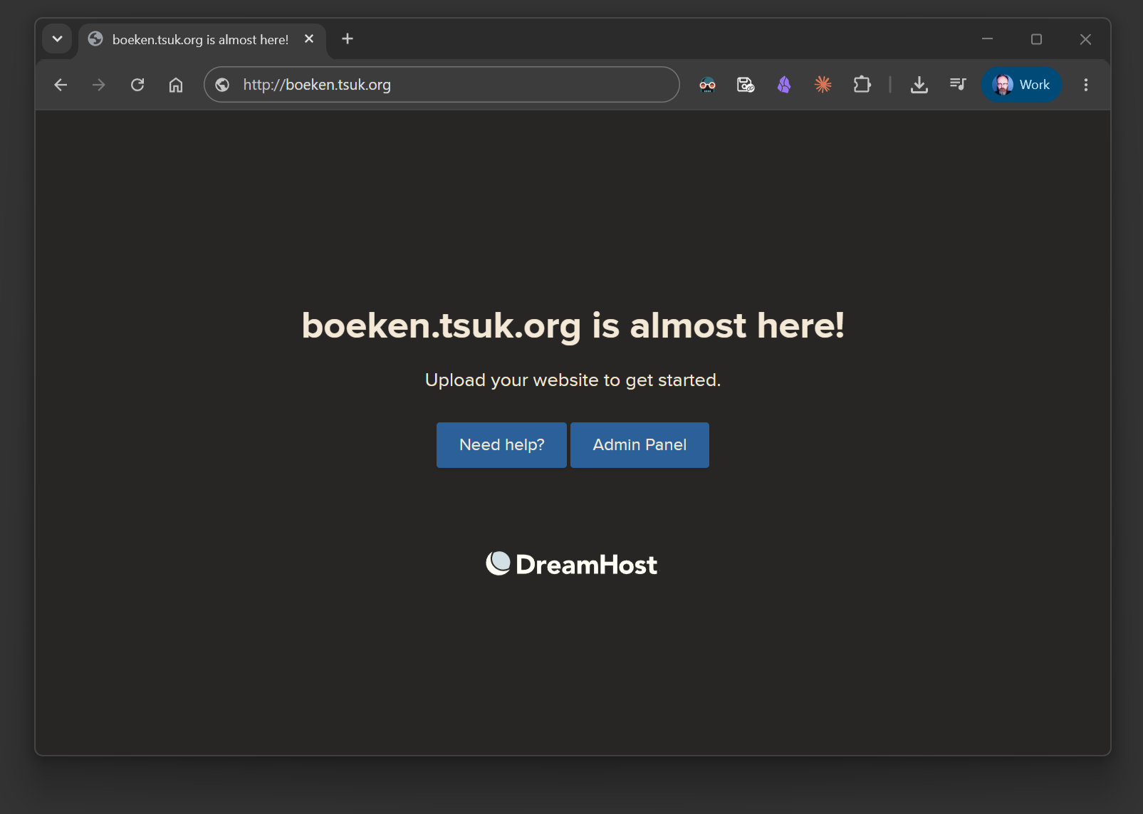 A browser showing boeken.tsuk.org serving a Dreamhost placeholder page: 'boeken.tsuk.org is almost here! Upload your website to get started.'