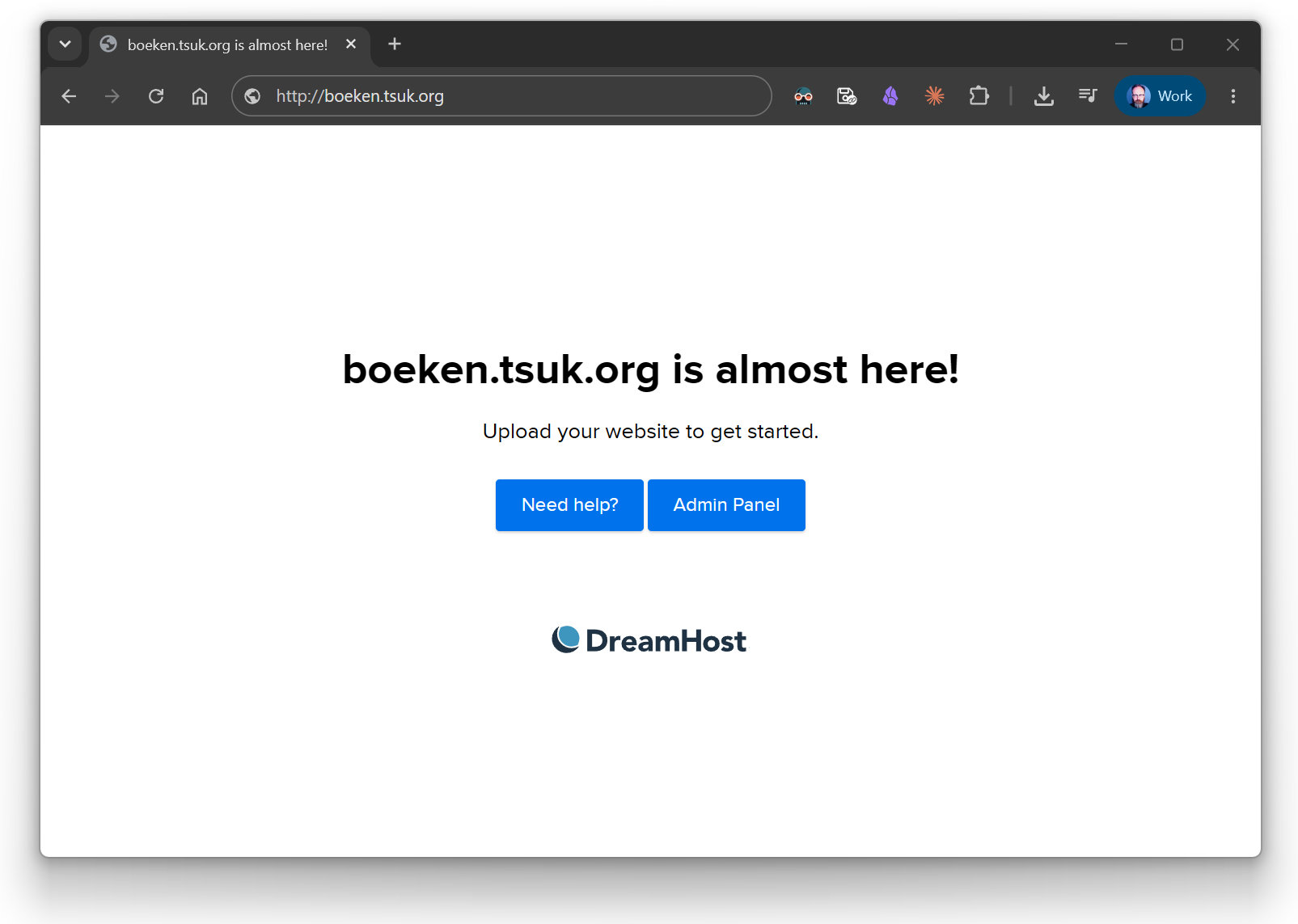 A browser showing boeken.tsuk.org serving a Dreamhost placeholder page: 'boeken.tsuk.org is almost here! Upload your website to get started.'