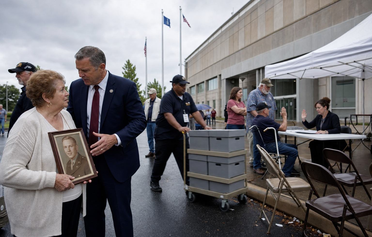 Outside the NPRC annex, a woman holds a framed portrait while a VA official speaks with her as staff wheel archival boxes past an affidavit tent.
