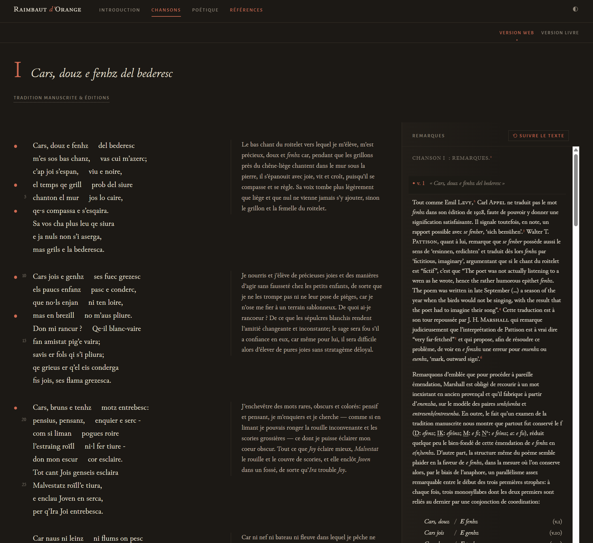 One chanson in the web view, a two-column poem-and-commentary page.
