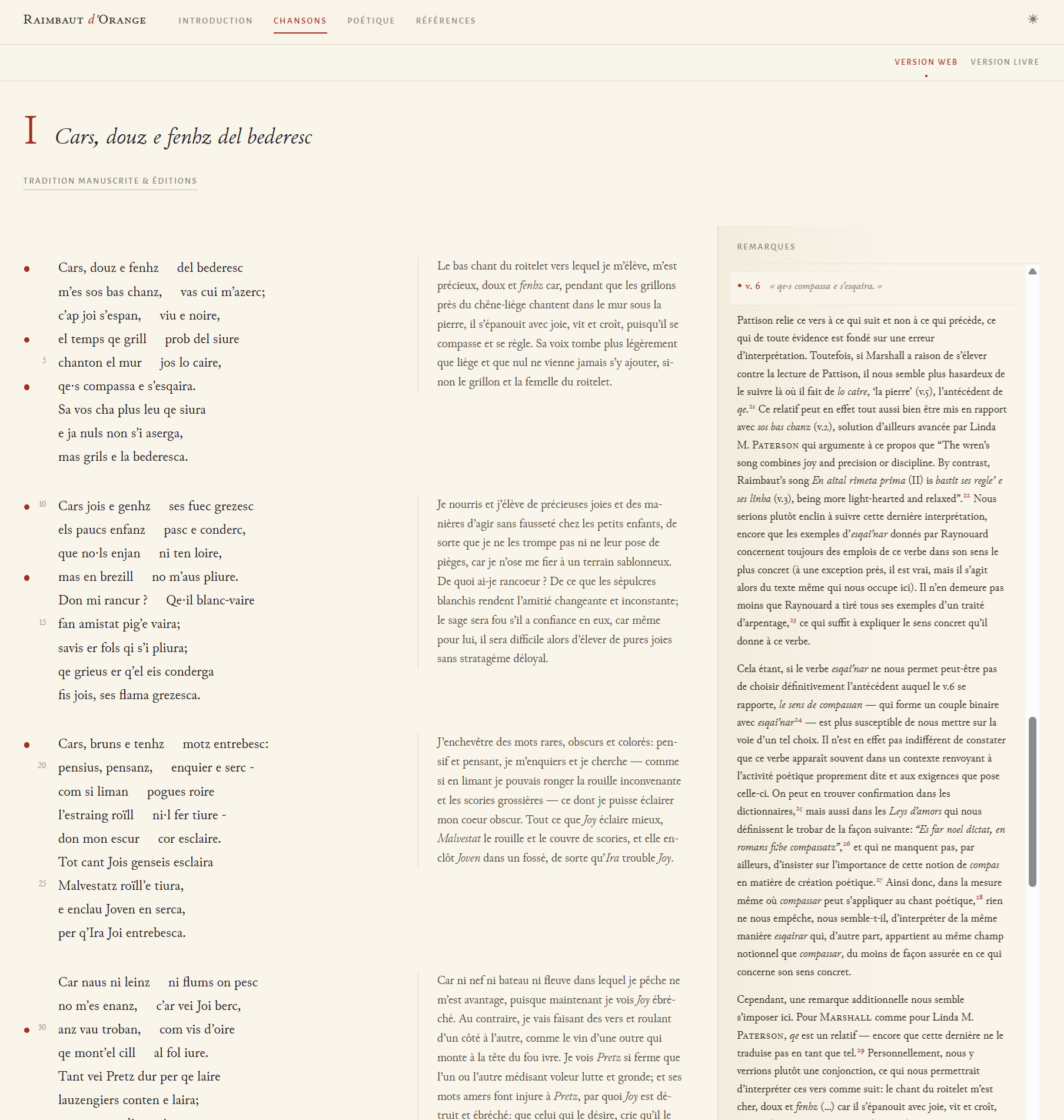 One chanson in the web view, a two-column poem-and-commentary page.