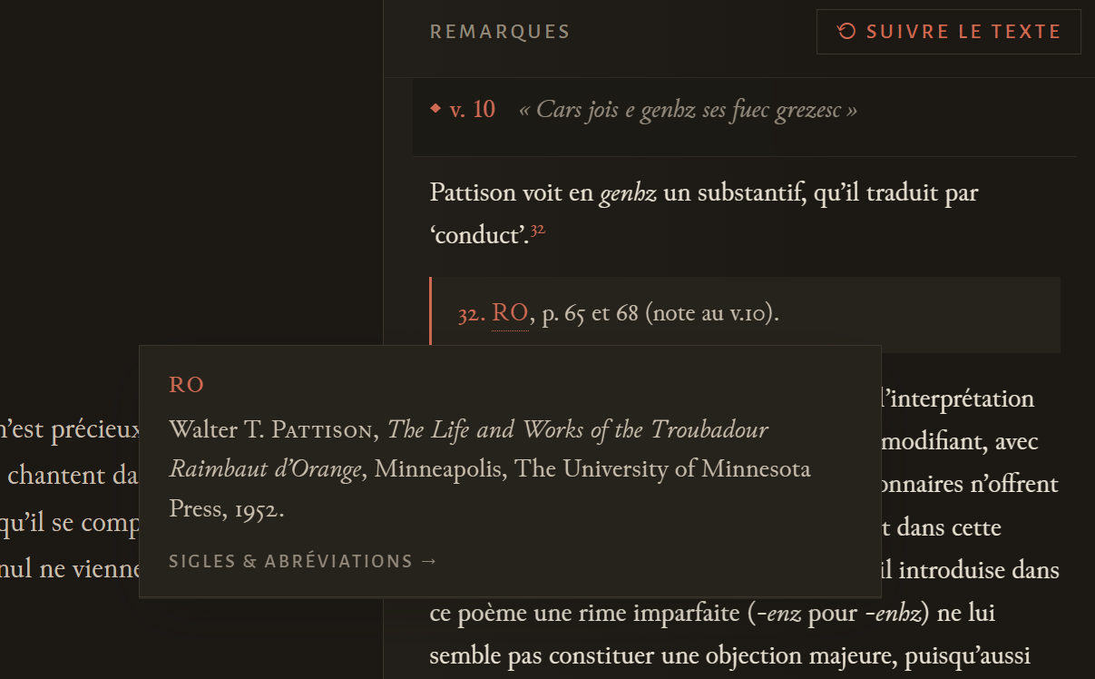A siglum hovercard open over a footnote, defining an abbreviation.