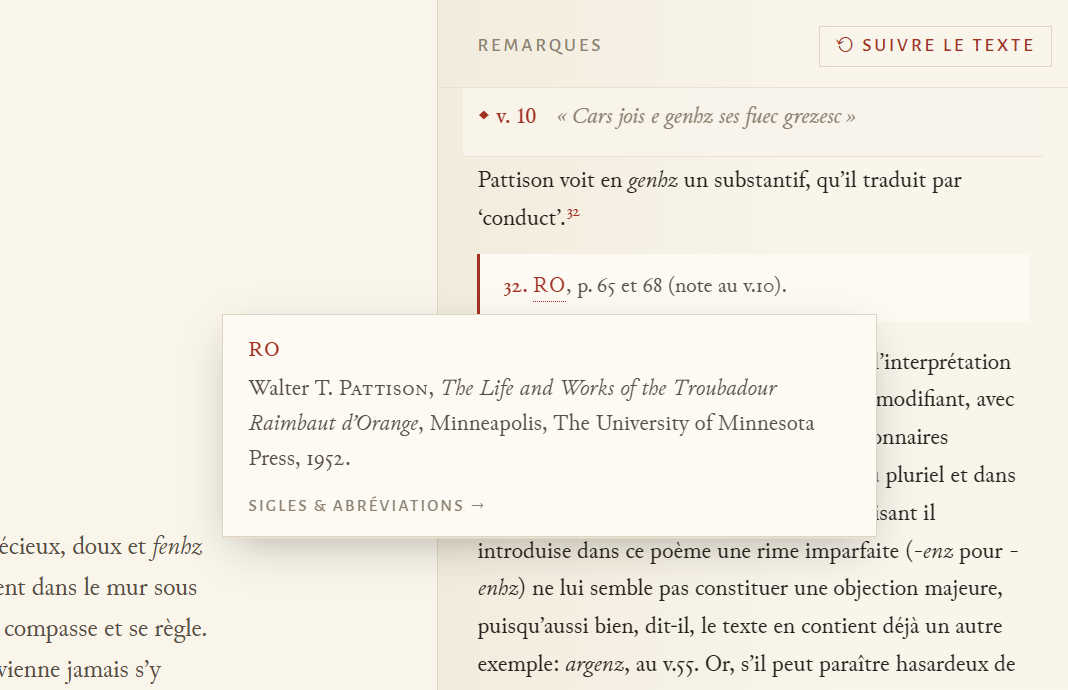 A siglum hovercard open over a footnote, defining an abbreviation.