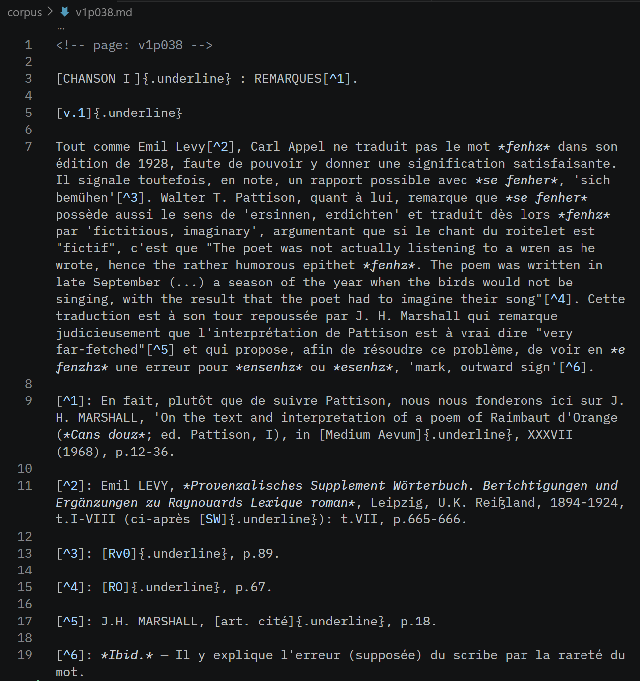 The same lines transcribed in the Markdown corpus file.
