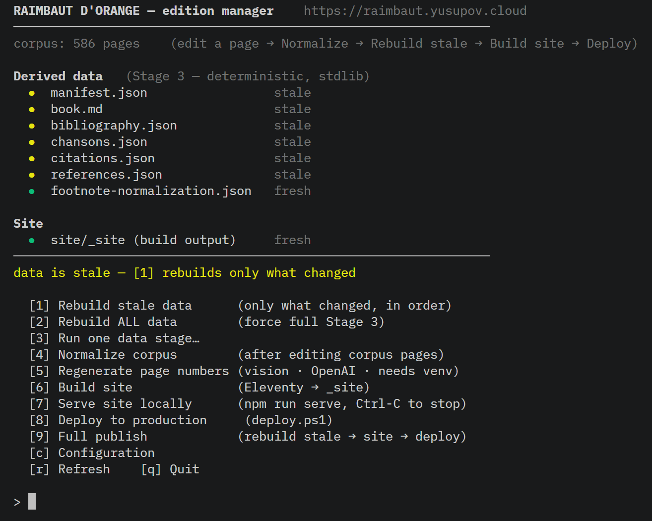A console dashboard listing pipeline stages such as manifest, book and bibliography, each marked fresh or stale.